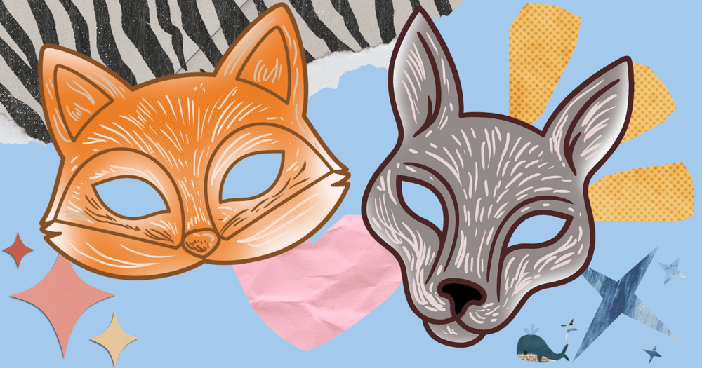 En räv-mask och en varg-mask mot blå bakgrund.