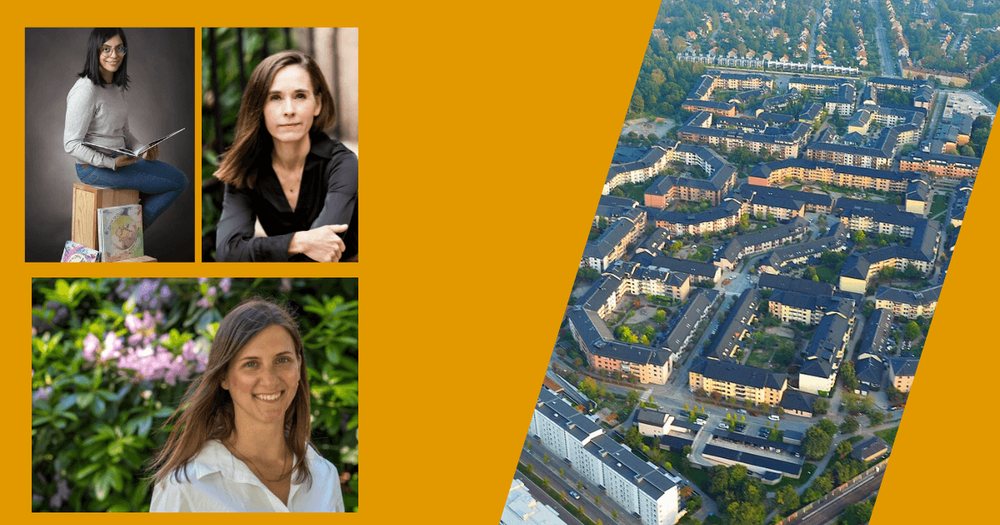 Baharan Kazemi, Jenny Clevström, Emmelie Hardenborg och flygbild på Enskededalen.