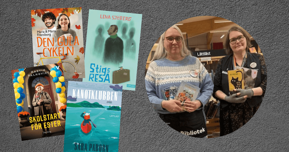 Fyra lättlästa böcker och två bibliotekarier med böcker i händerna