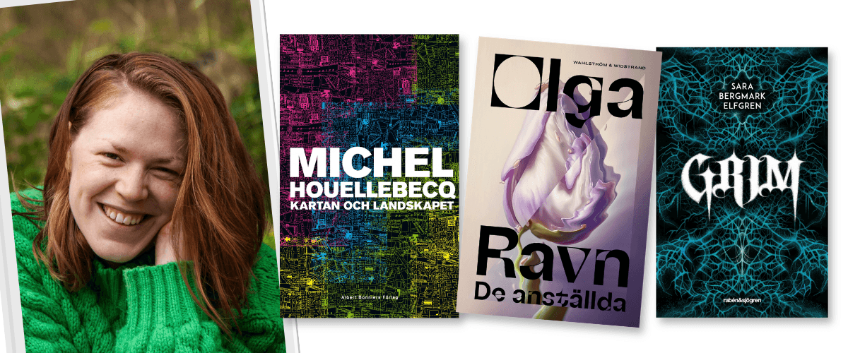 Collage med porträtt av Olivia och tre bokomslag